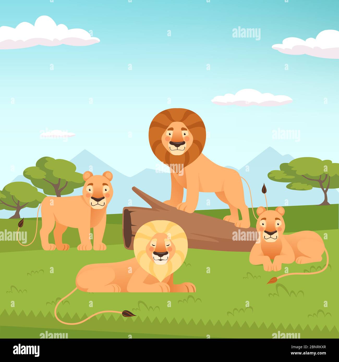 Lion pride landscape. Wild fur animal hunters background vector zoo concept Stock Vector