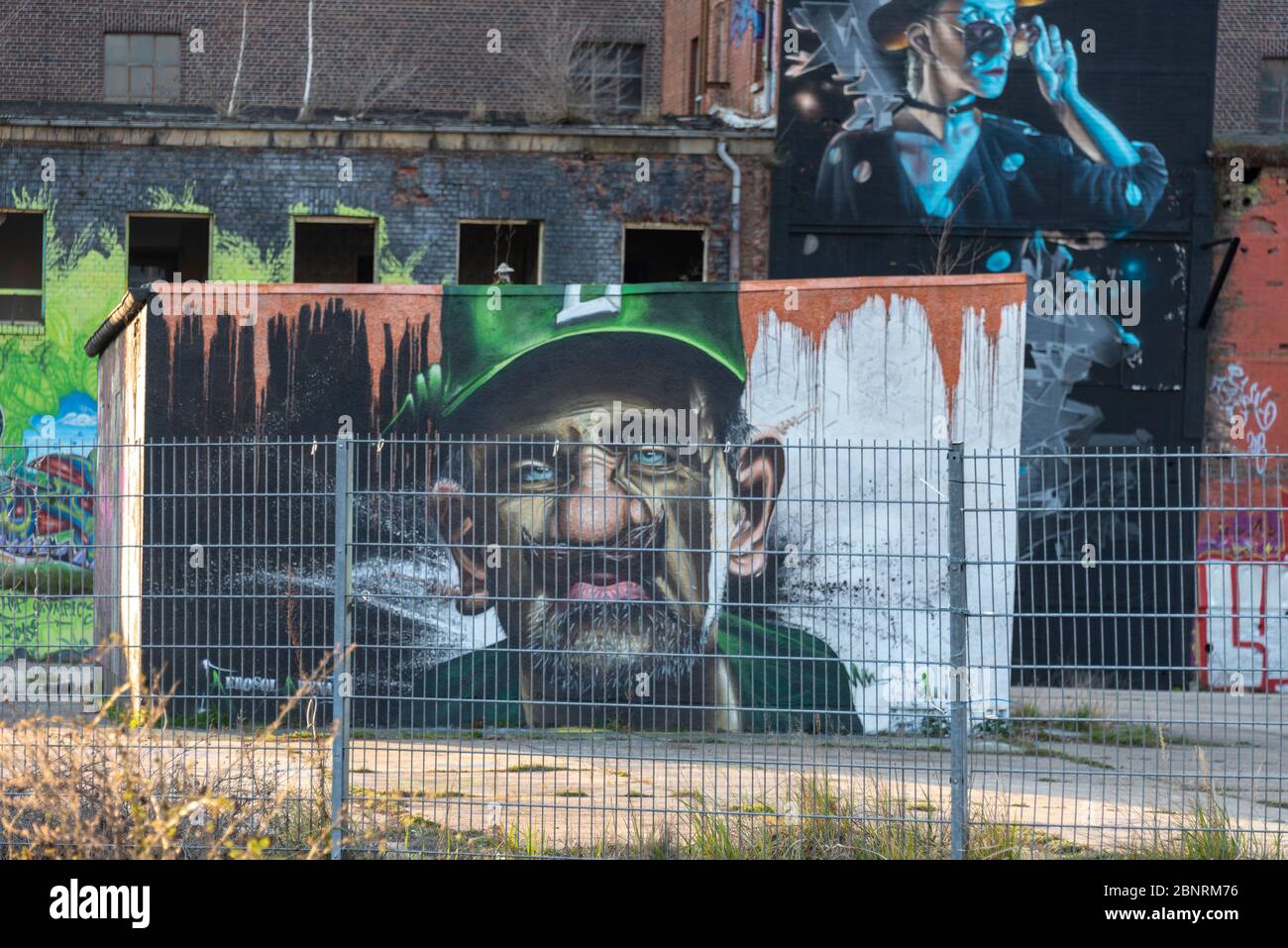 Germany, Saxony-Anhalt, Magdeburg, view of a graffitti painting in the aerosol arena in Magdeburg. The former bread and pasta factory has been attracting graffiti artists from all over Germany for years. Stock Photo