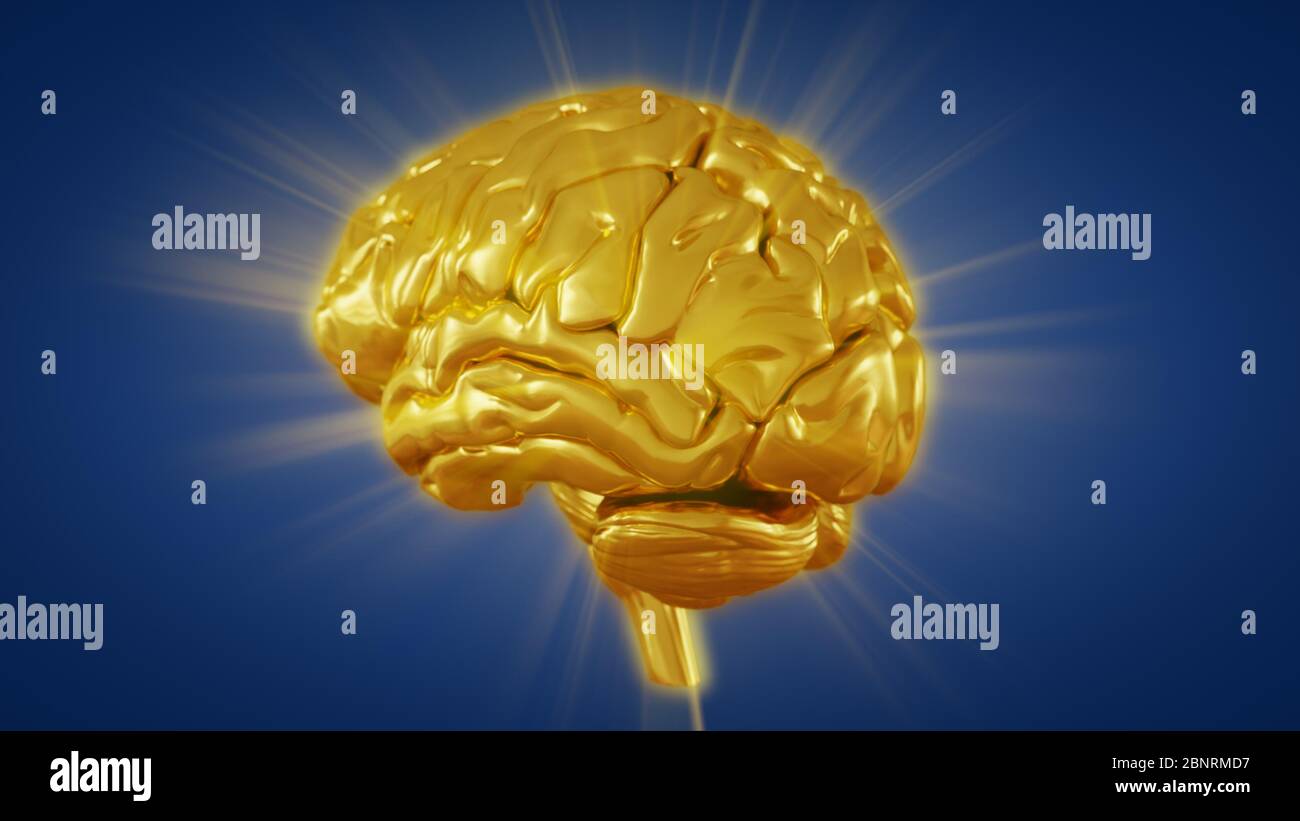 3d illustration golden brain with convolutions and a radiance of light ...