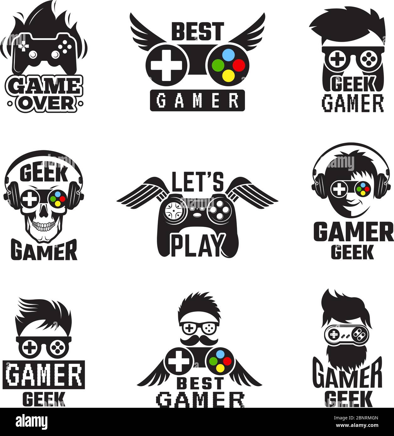 Video game badges. Joystick console controller for gaming geek vector labels Stock Vector