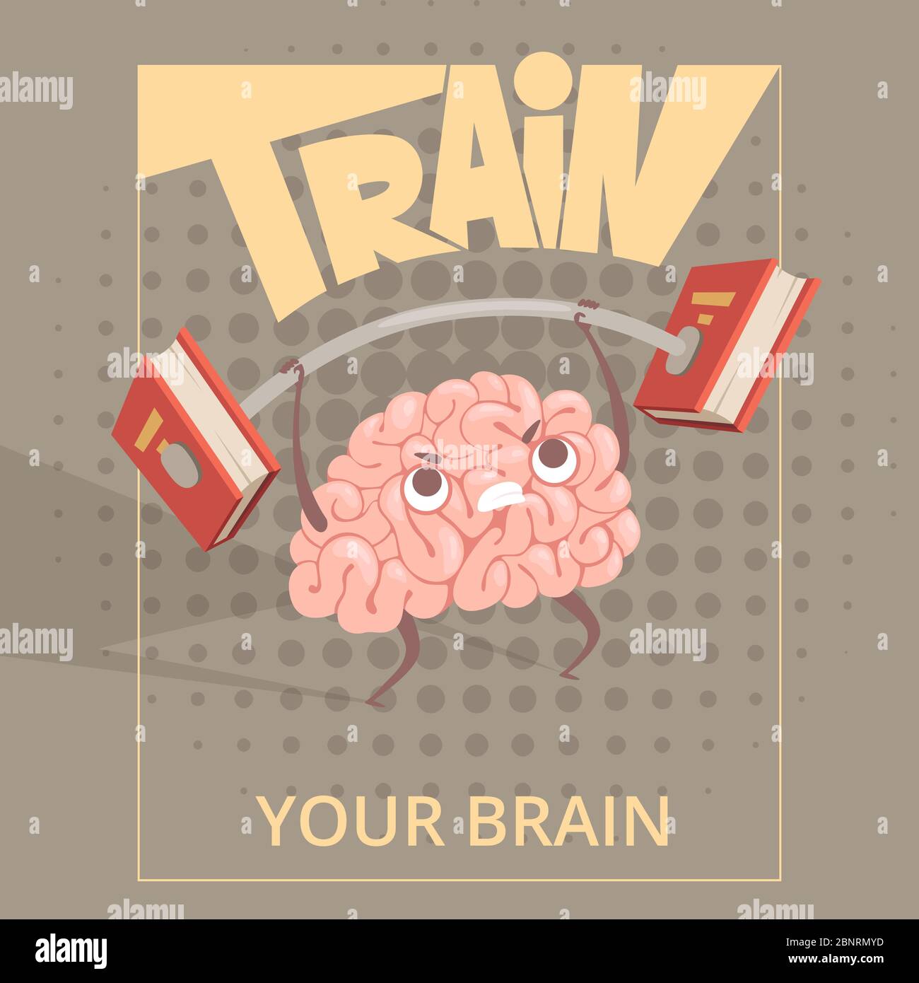 Sport brain poster. Cartoon mind making exercises power training vector