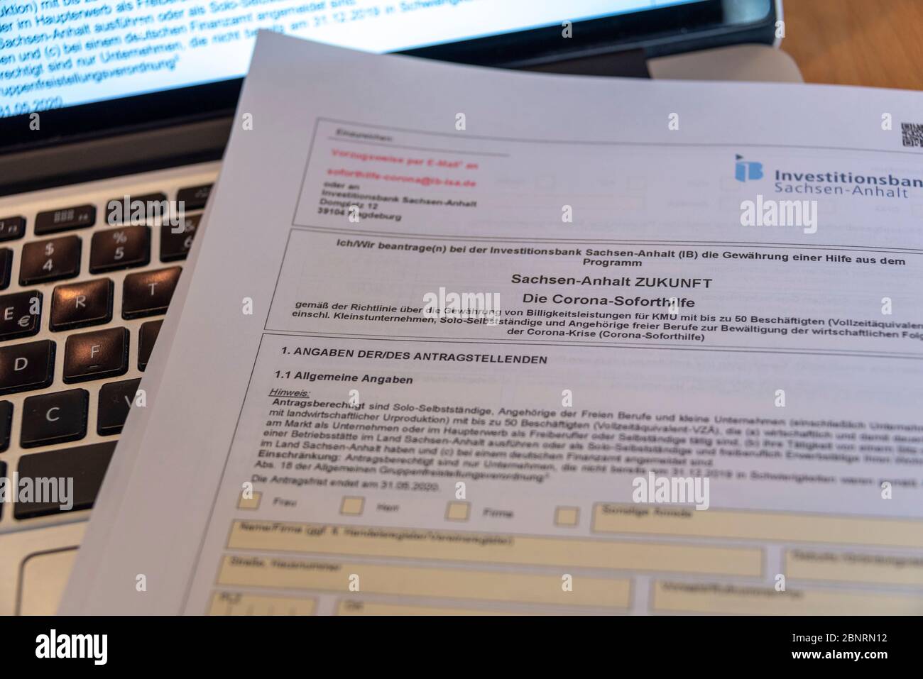 Germany, Saxony-Anhalt, Magdeburg, application form for the Corona emergency aid, help for companies. Stock Photo