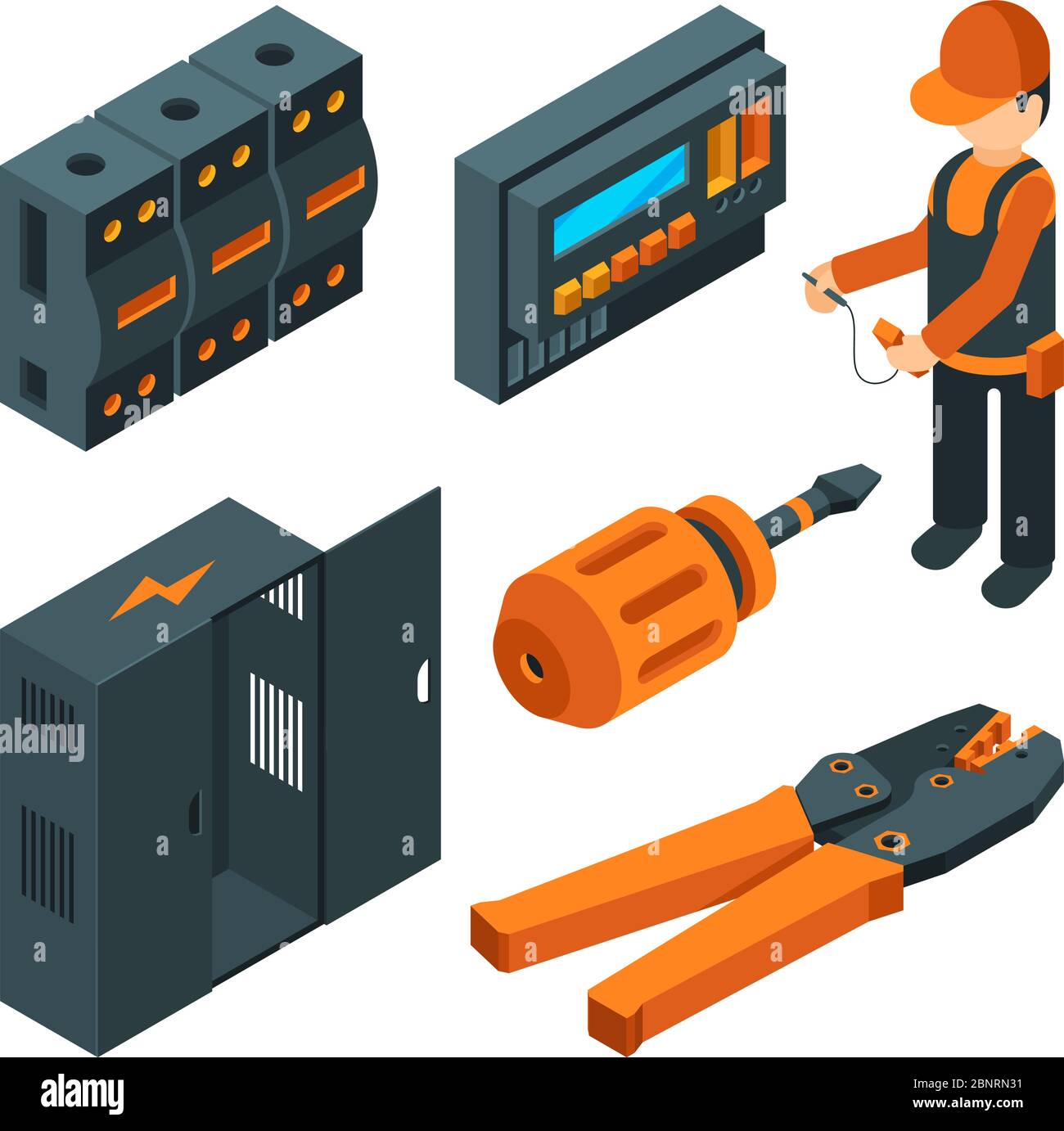Electrical systems isometric. Electrician worker with industrial power tools for repair and setup unit vector 3d picture Stock Vector