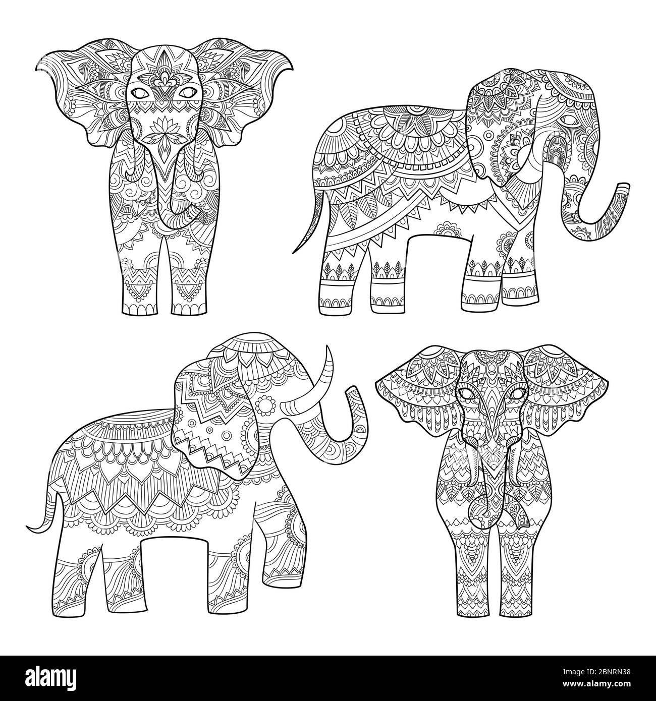 Elephant decorative pattern. Indian motif tribal royal design for adults colored pages vector illustrations Stock Vector