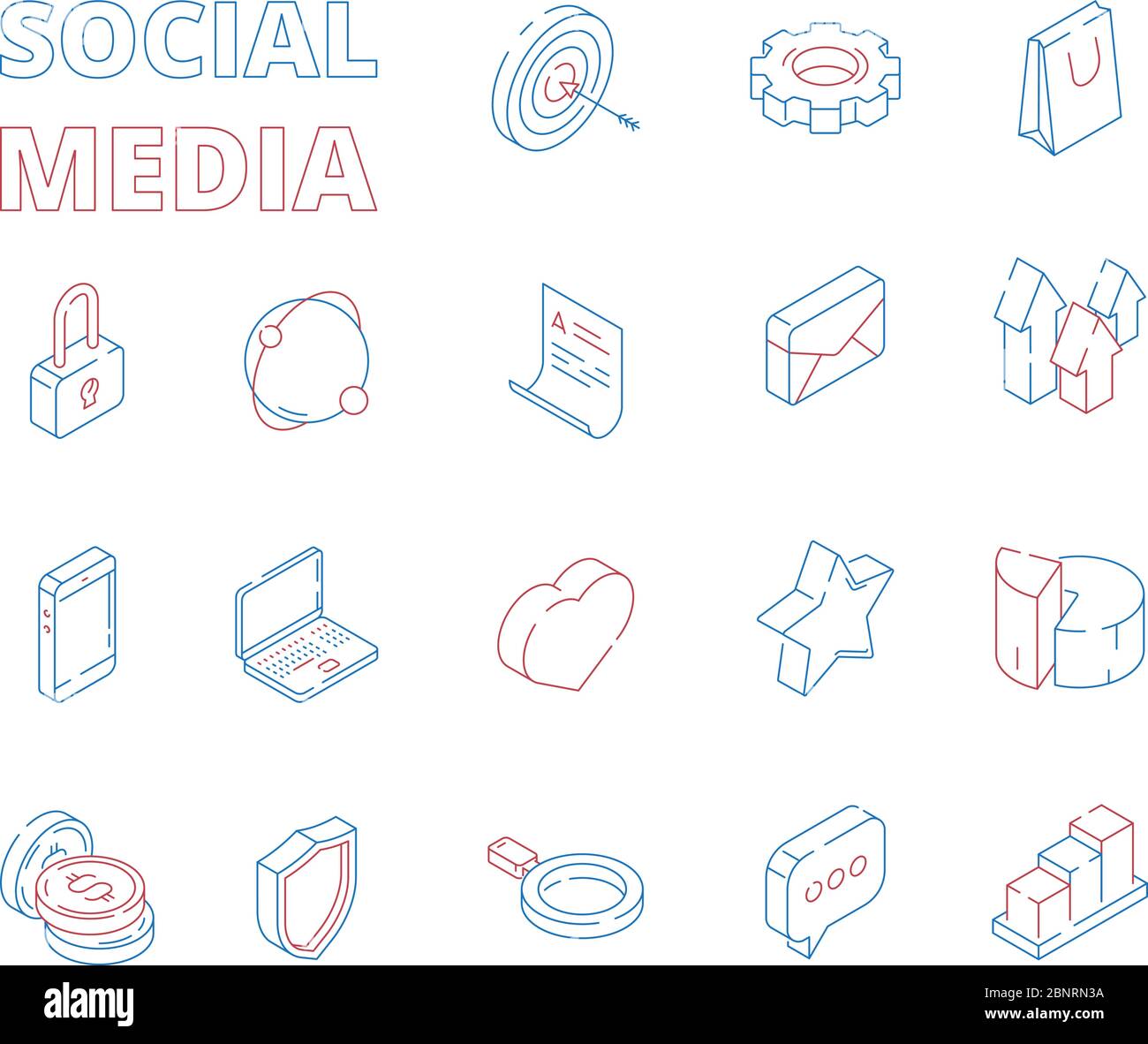 Marketing isometric icon. Web social media network symbols digital set mail graphs likes hearts news message thin line vector pictures Stock Vector