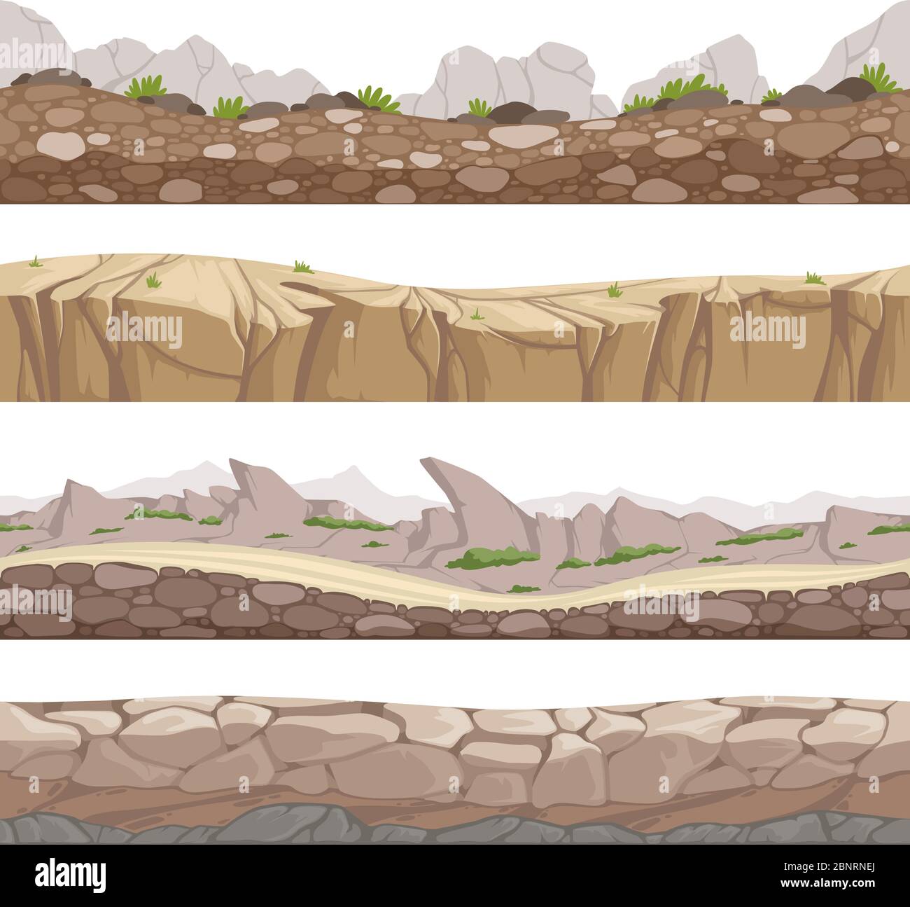 Stone road seamless. Rocky game backgrounds with various types of stones vector cartoon collection Stock Vector