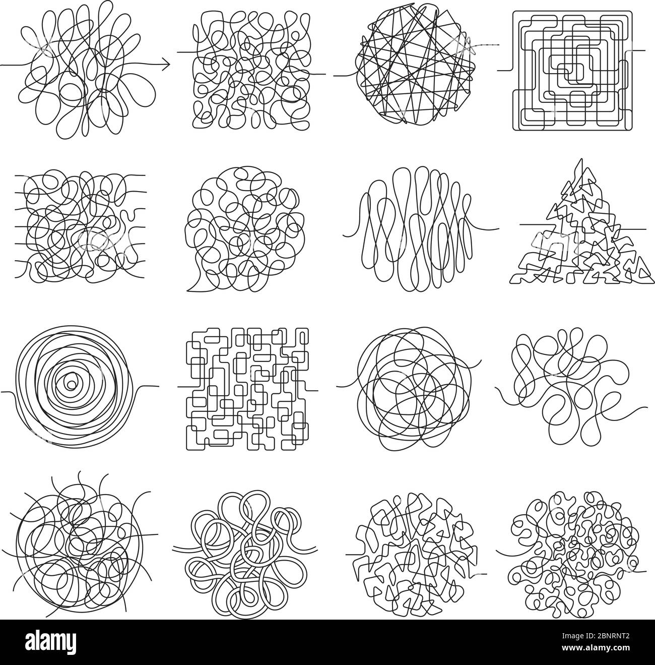 Scribble lines. Wire mess chaos threading vector shapes isolated Stock Vector