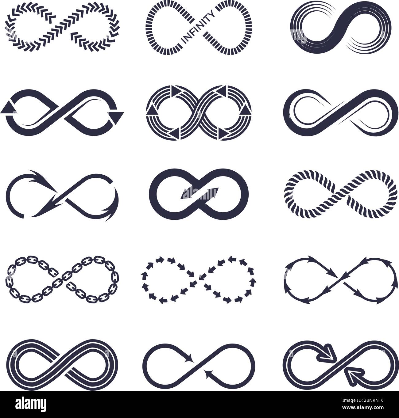 Eternity symbols. Vector monochrome icon collection of infinity logotypes Stock Vector