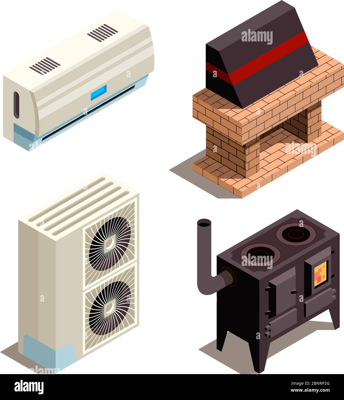 Air conditioning systems. Cooling heating generators compressor pressure pipe vector isometric collection Stock Vector