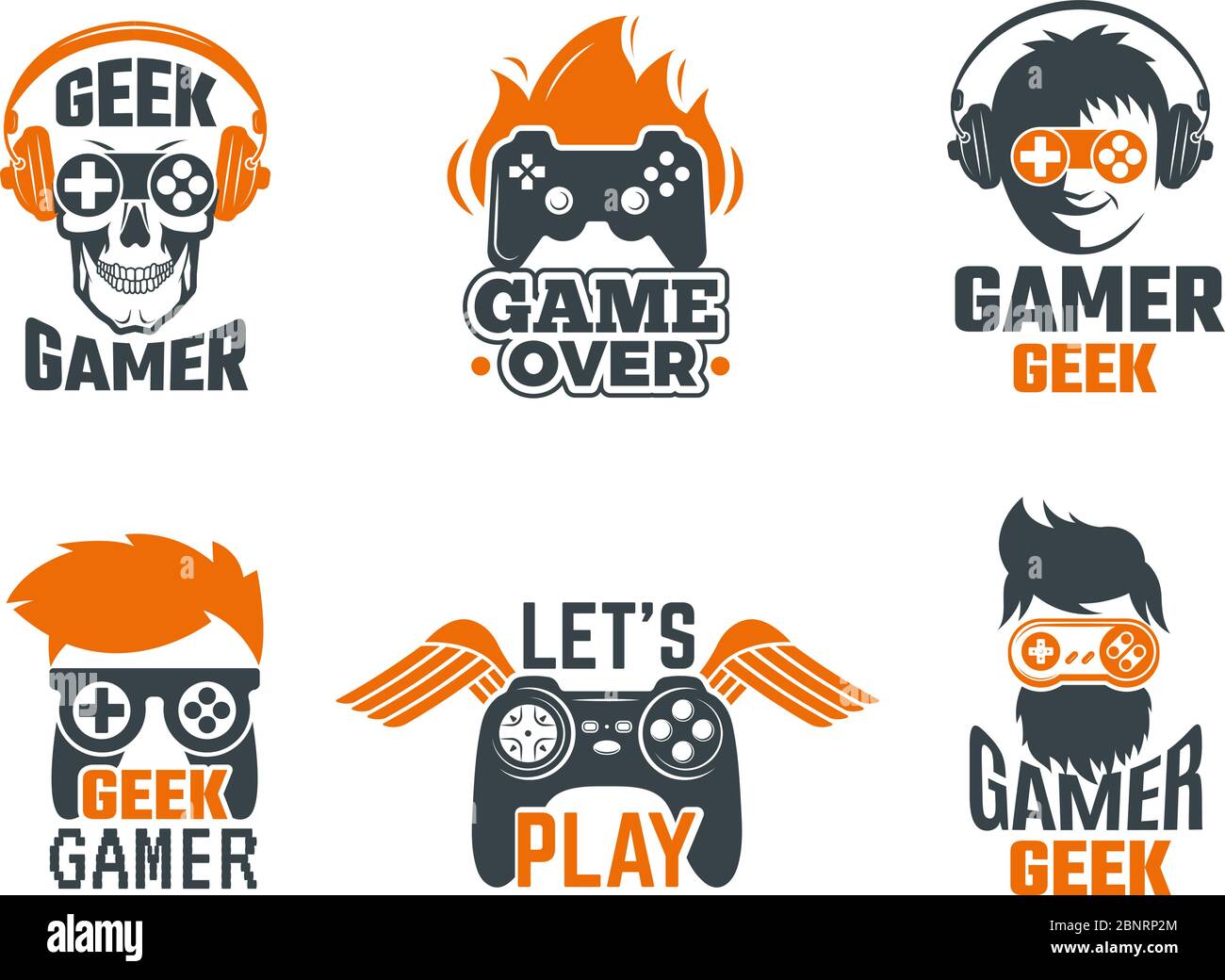 Gamers badges. Joystick video gaming old school labels for smart geek vector template Stock Vector