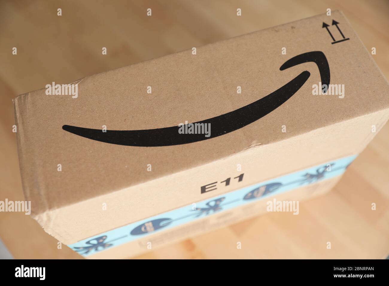 Roquebrune-Cap-Martin, France, November 3, 2018: Arrow Or Smile Logo Of Amazon On The Cardboard Box Of A Package Delivery From Amazon Prime, Close Up Stock Photo