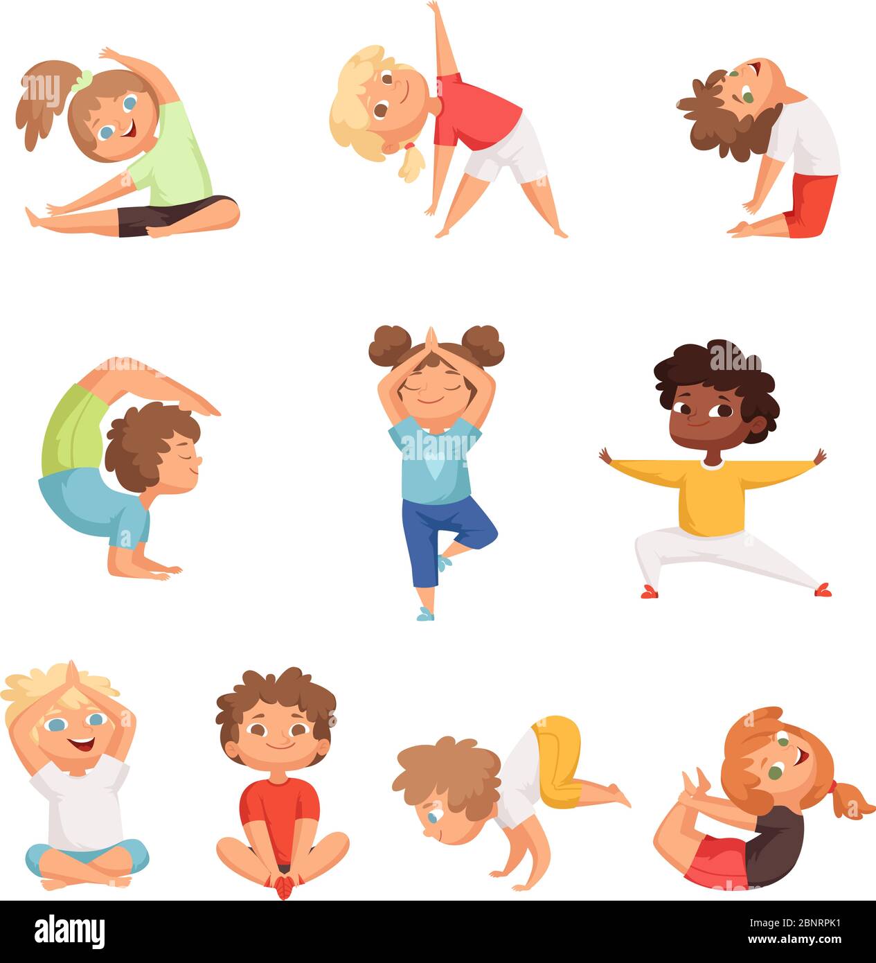 Yoga kids characters. Fitness sport childrens posing and making gymnastics yoga exercises vector illustrations Stock Vector