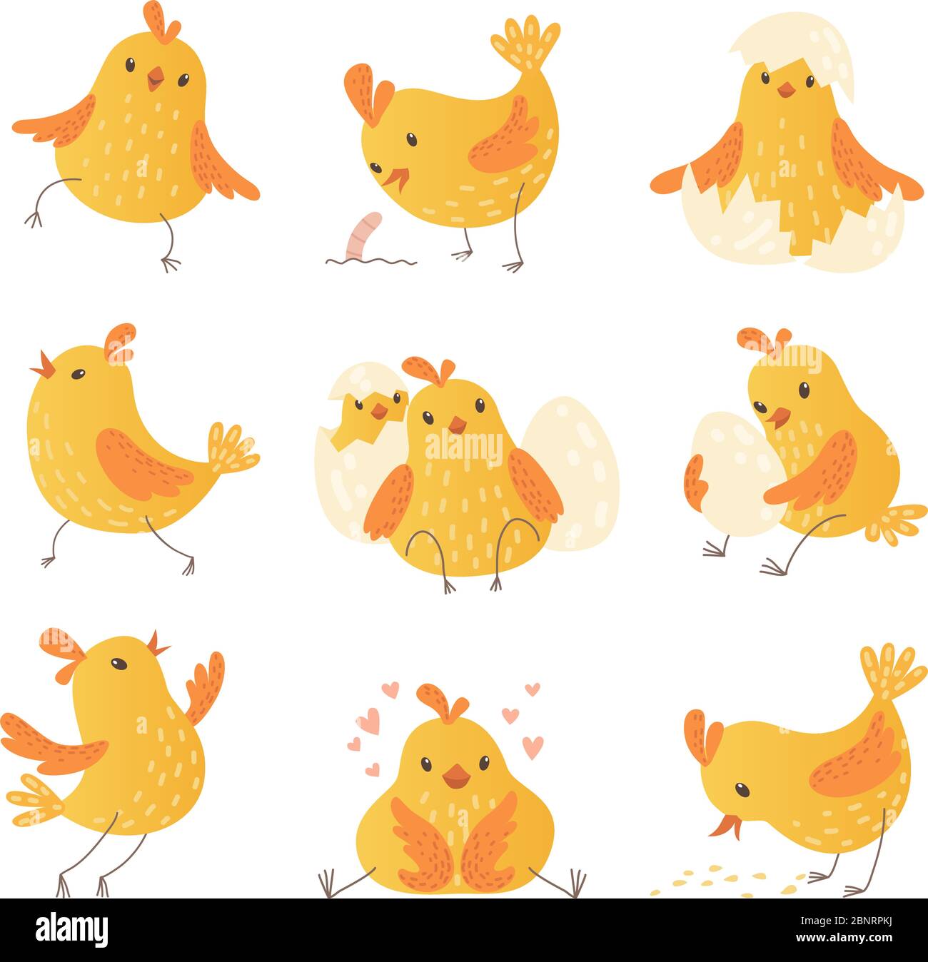 Cartoon chicken. Egg cute yellow little farm birds funny chick vector characters collection Stock Vector