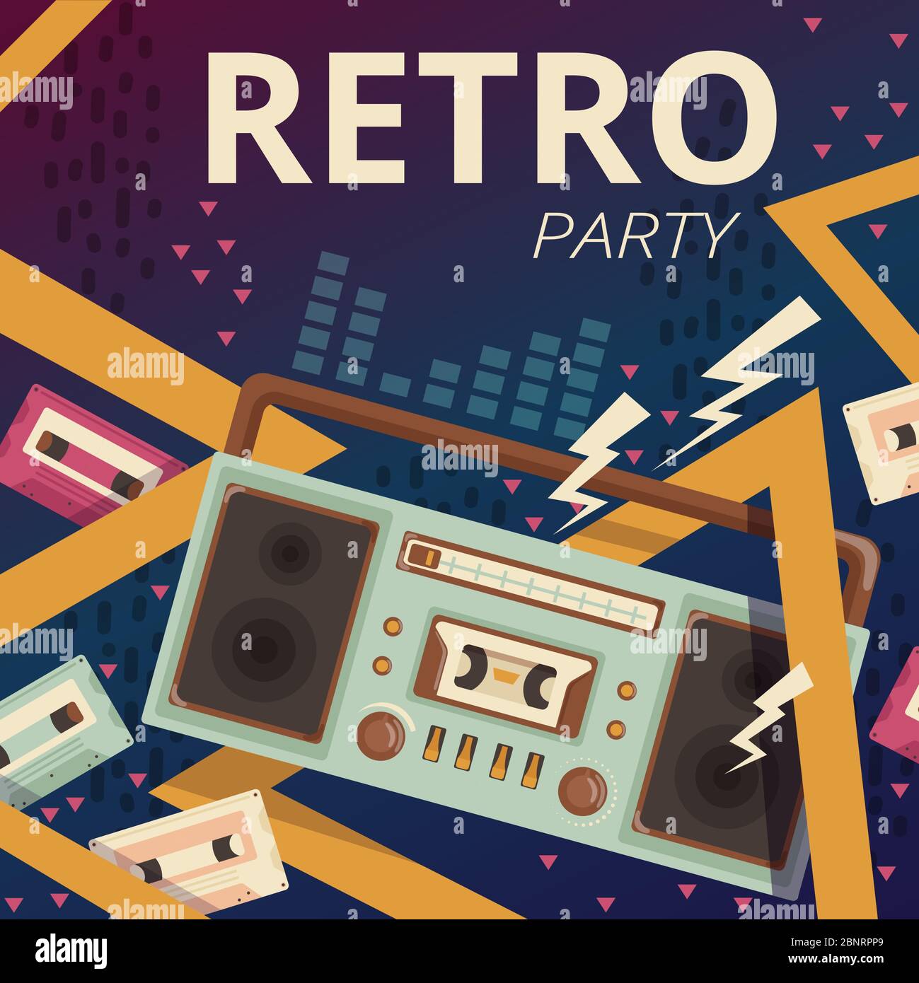 Retro radio poster. Typography design camera music cassette recorder vector placard of 80s Stock Vector