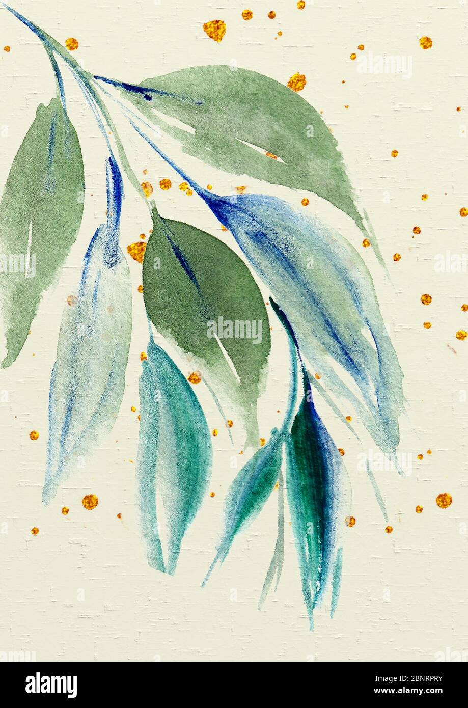 Watercolor illustration. Watercolor florals with golden splats. Hand drawn loose watercolor element. Good for greetings, wedding or invitation cards. Stock Photo