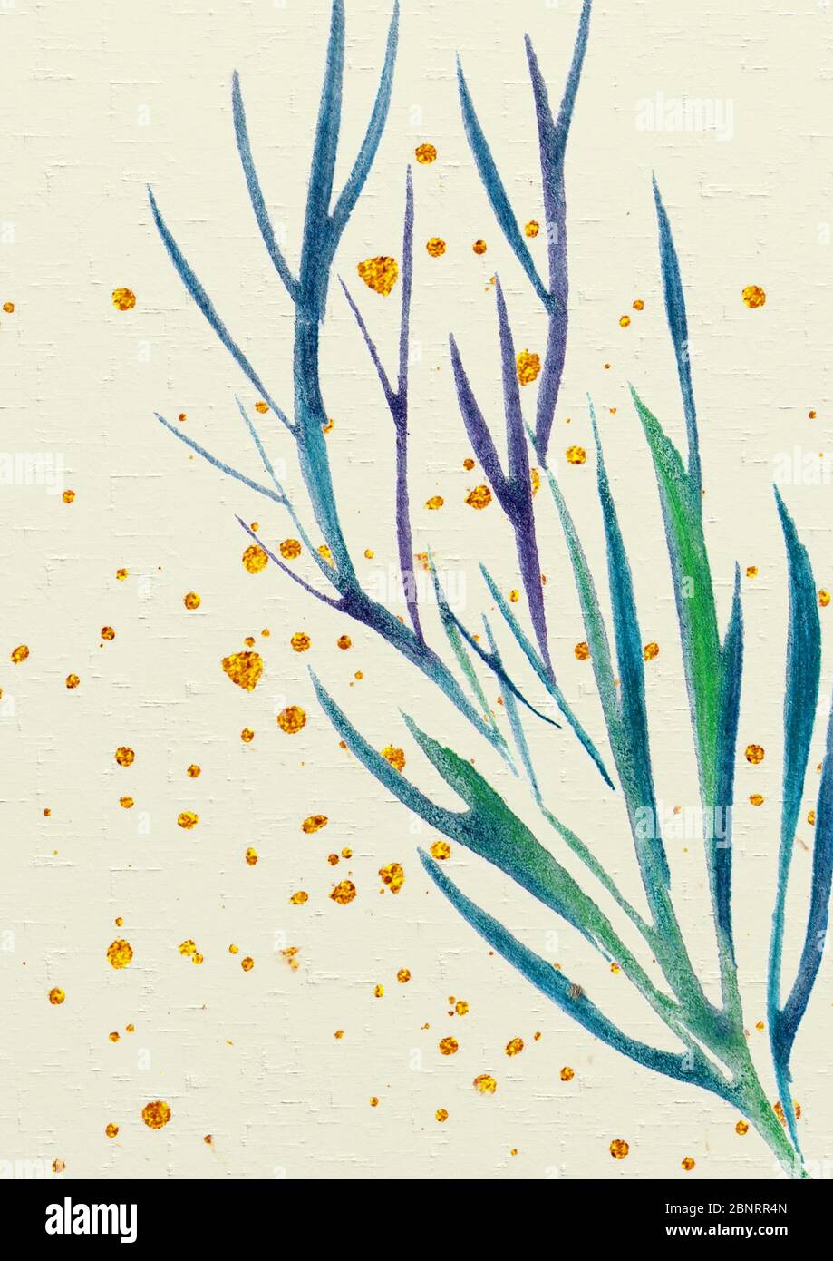Watercolor illustration. Watercolor florals with golden splats. Hand drawn loose watercolor element. Good for greetings, wedding or invitation cards. Stock Photo