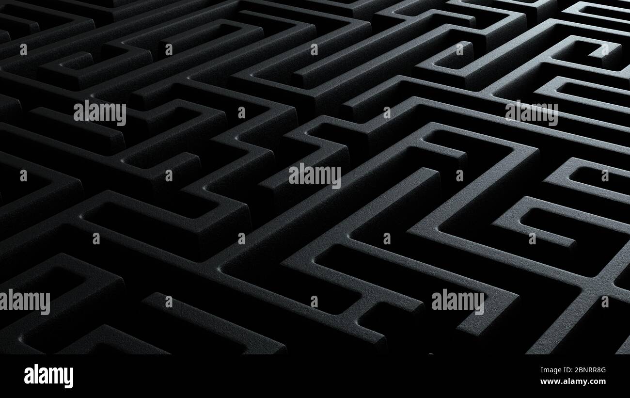 3d illustration closeup of dark black labyrinth maze pattern with