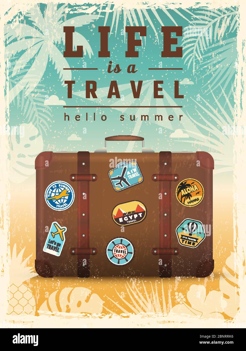 Travel retro poster. Summer vacation placard with travel vector signs Stock Vector