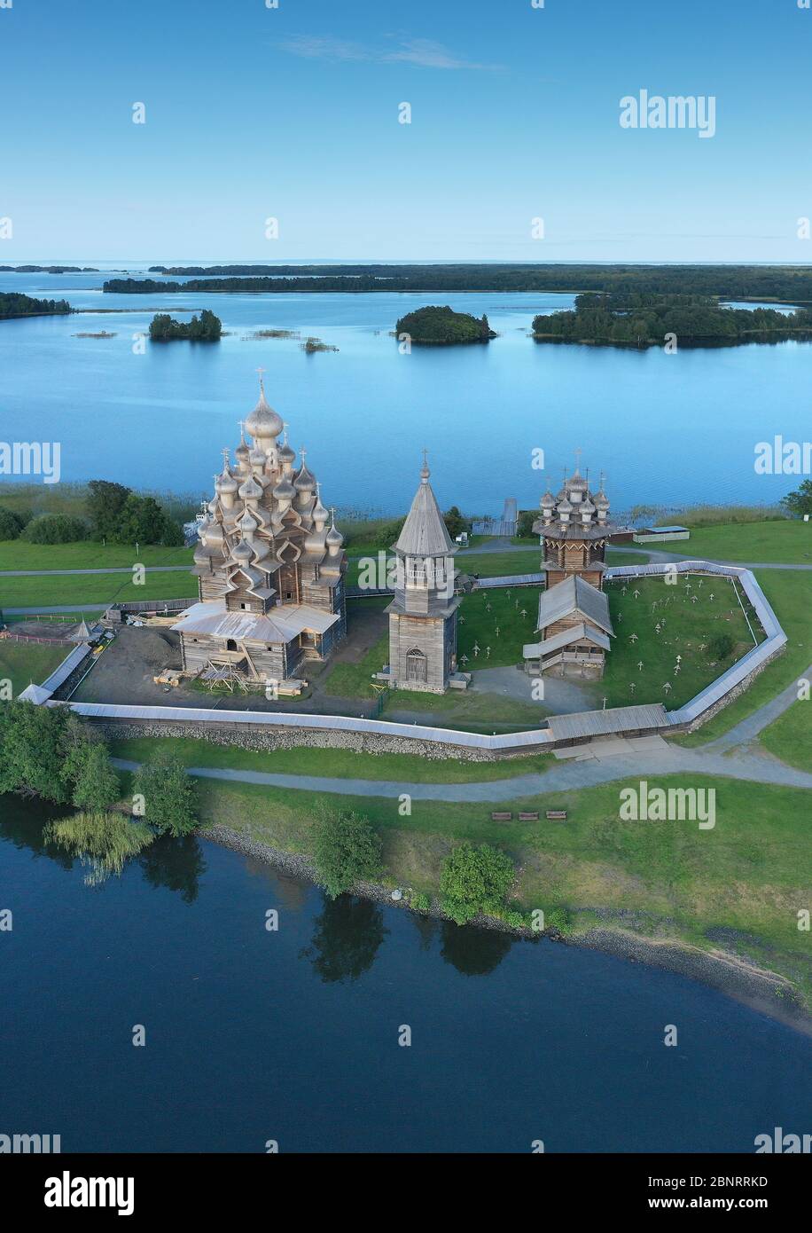 Aerial view of Kizhi island. Church of The Transfiguration built in the ...