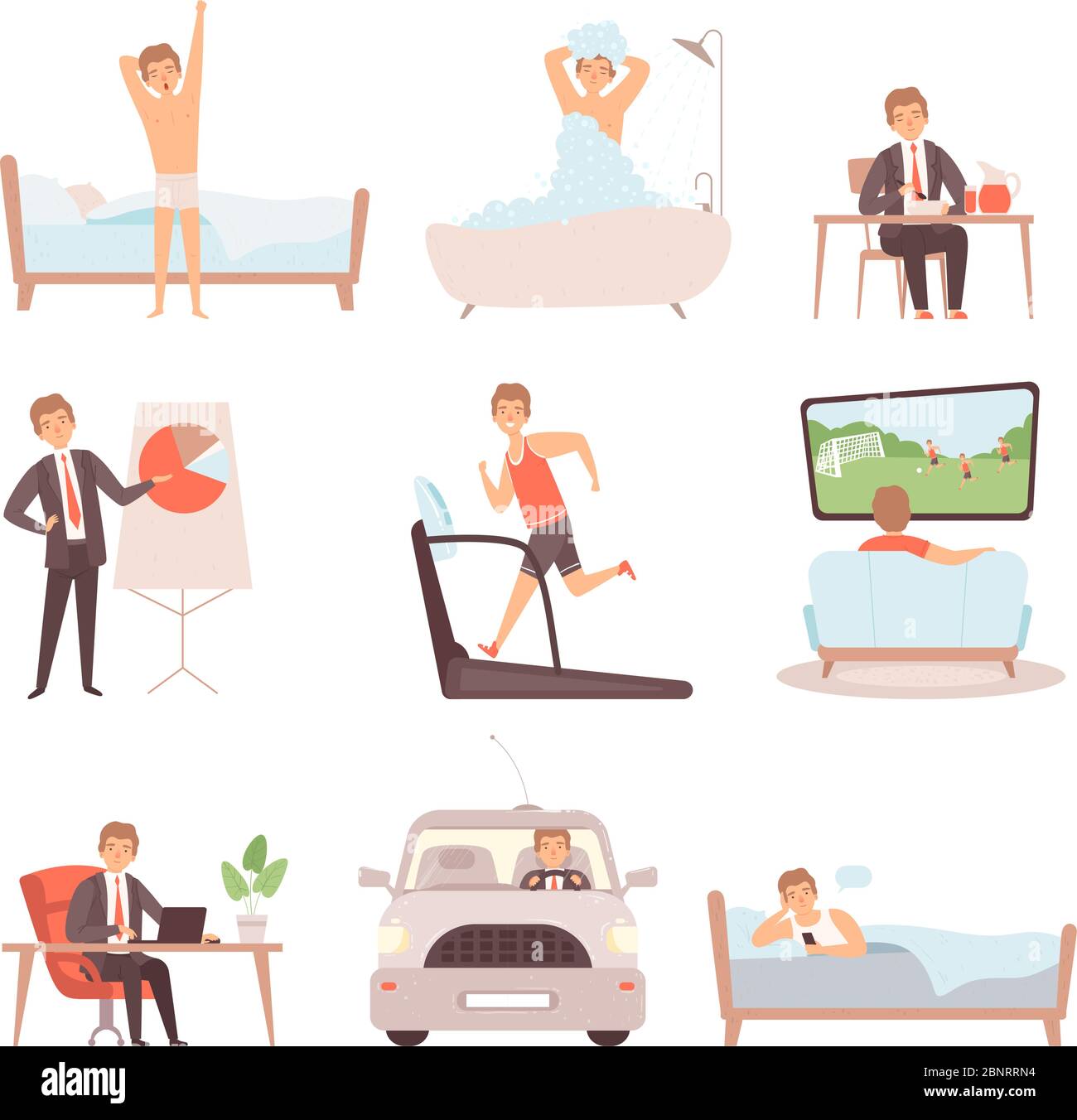 Active man daily routine. Lifestyle everyday businessmen work busy people vector character isolated Stock Vector