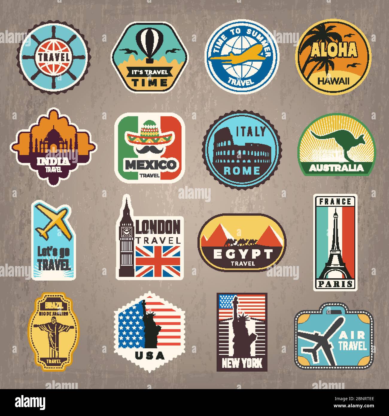 Travel stickers. Vacation badges or logos for travelers vector retro pictures Stock Vector