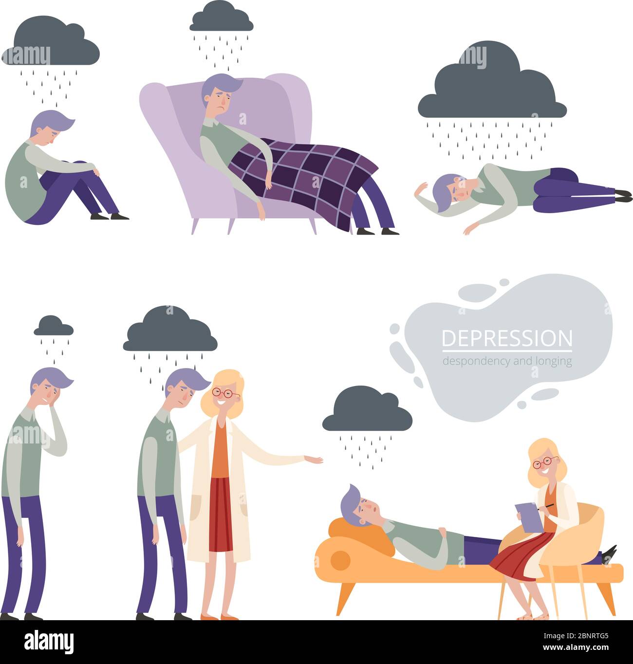 Depression. Alone unhappy frustrated vector character, lonely depressed sleep, psychologist therapy Stock Vector
