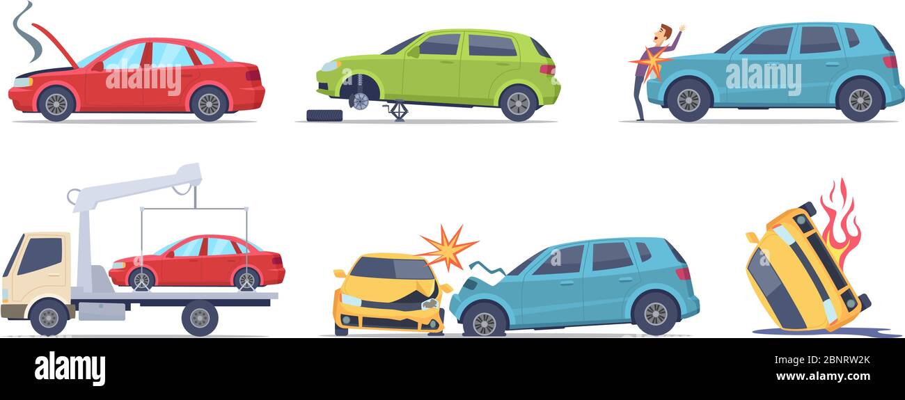 Car accident. Damaged transport on the road repair service insurances vehicle vector illustrations in cartoon style Stock Vector