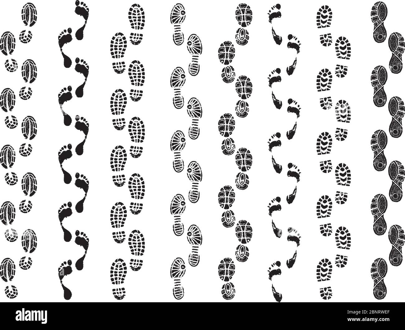 Footprints shapes. Movement direction of human shoes boots walking footprints vector silhouettes Stock Vector
