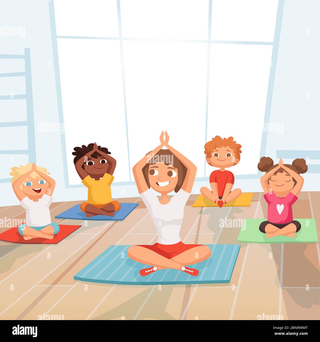 Yoga kids group. Children making exercises with instructor in gym vector cartoon background Stock Vector