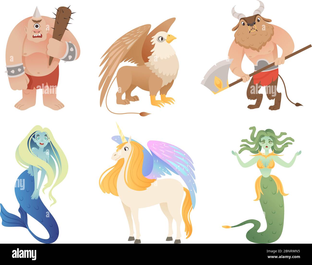 Mythical creatures. Flying lion cyclop minotaur pegasus griffin centaur vector cartoon characters Stock Vector