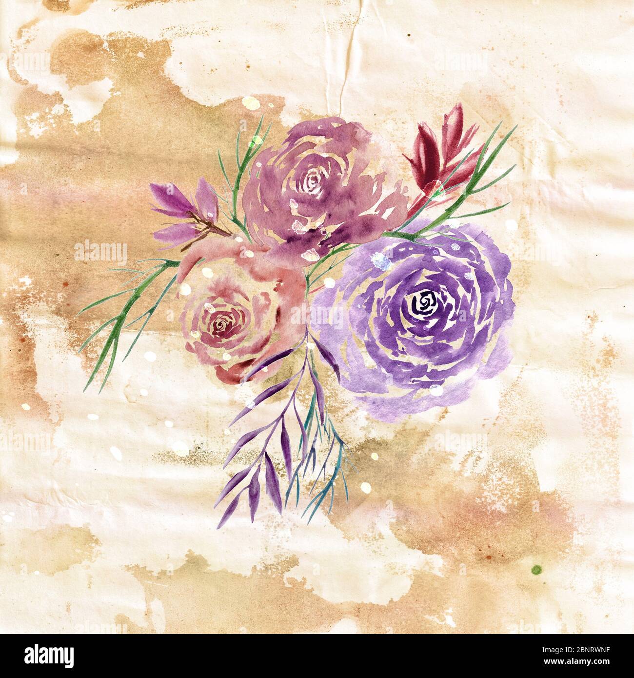 Watercolor floral illustration. Grunge watercolor paper. Rustic ink textured art. Good for greetings, wedding or invitation cards, backgrounds. Stock Photo