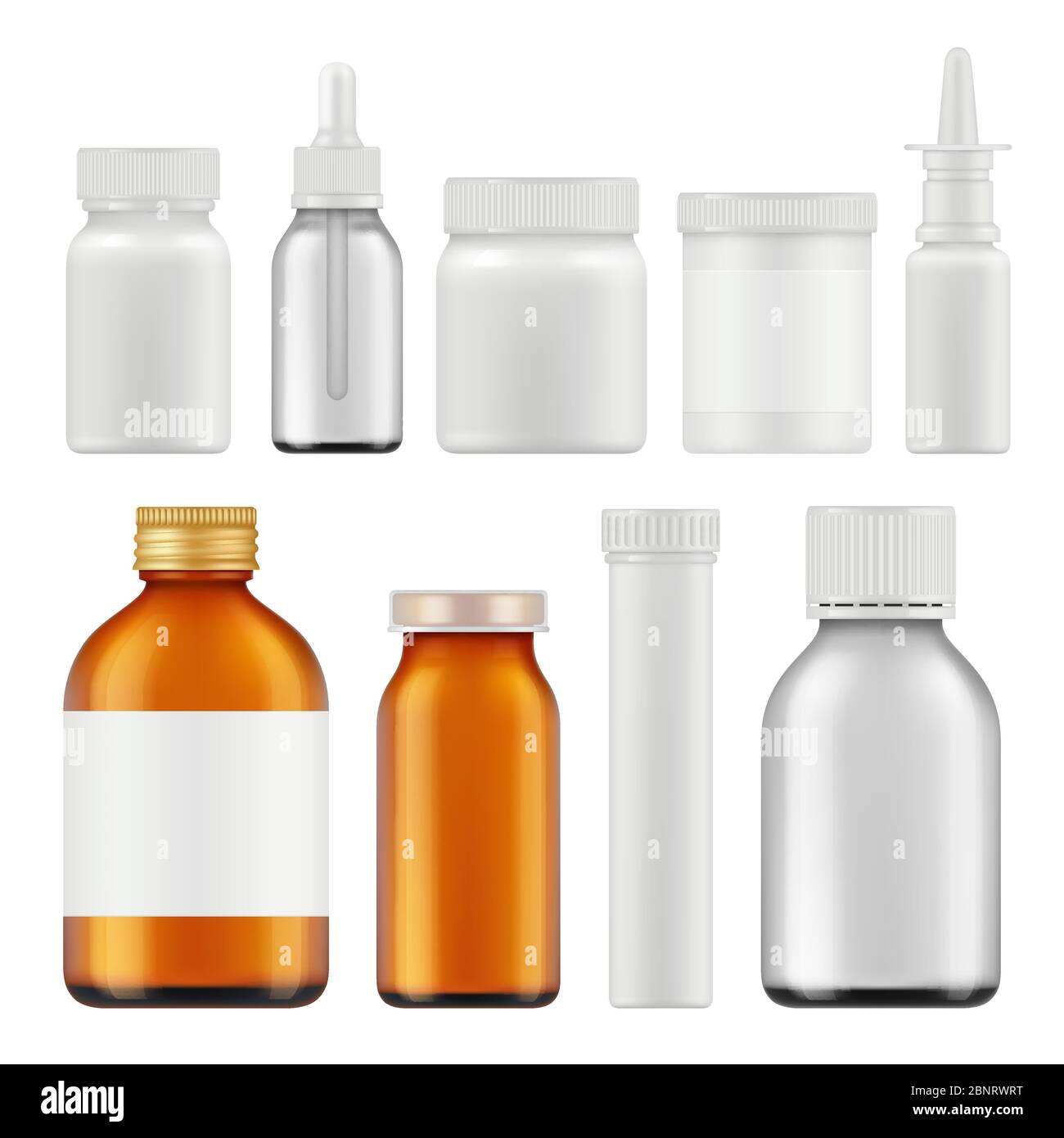 Pharmaceutical white bottles. Blank medicament supplement box or packages realistic white empty vector containers Stock Vector
