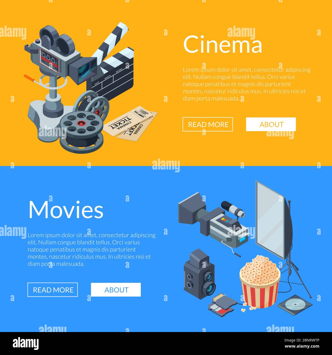 Vector cinematograph isometric elements web banner illustration Stock Vector
