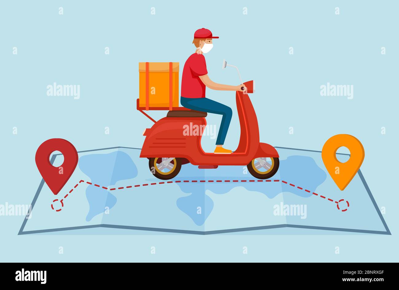 Food delivery quarantine illustration. Restaurant courier in mask with bag. Stock Vector