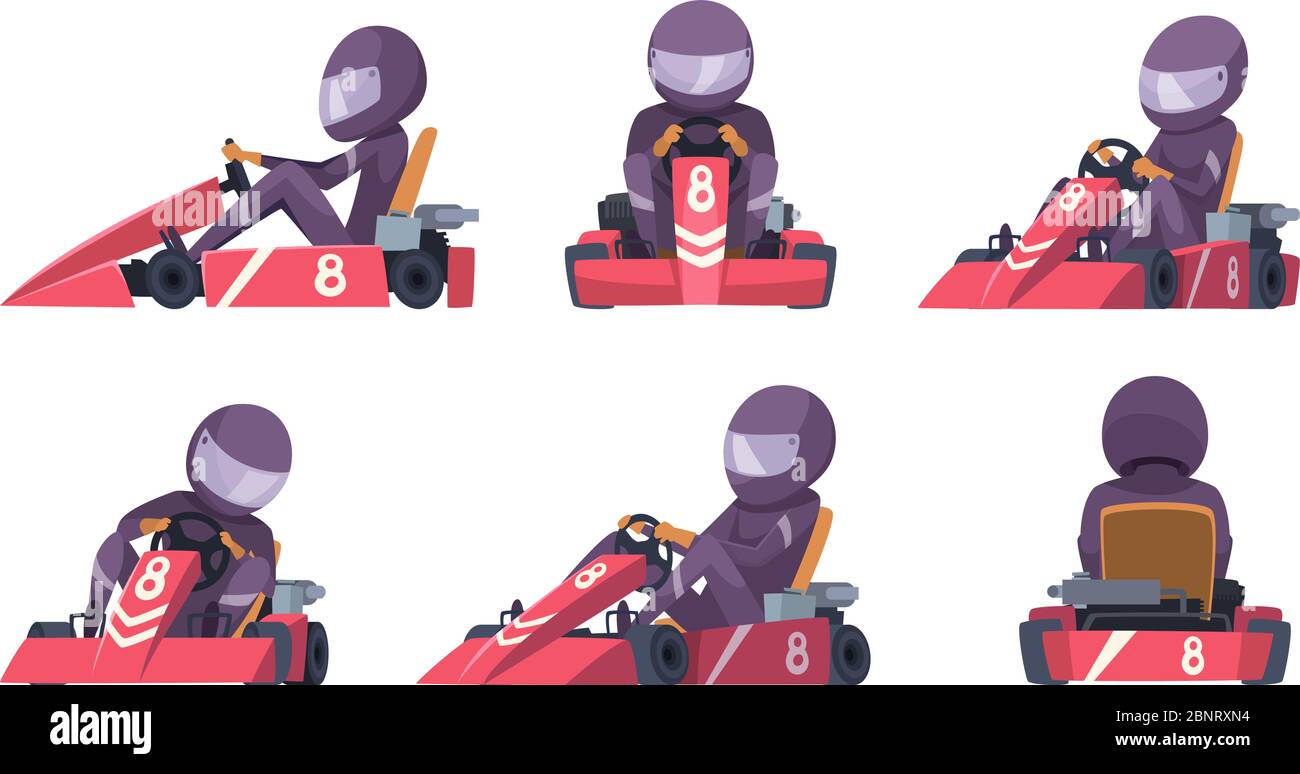 Karting car. Street speed racers competition sport automobile go kart vector background cartoon Stock Vector