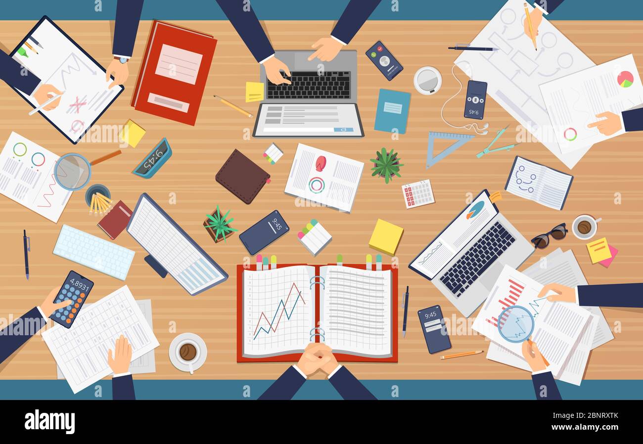 Meeting top view. Businessmen professionals sitting at table making paper work analyzing documents at computers laptop agenda writing Stock Vector