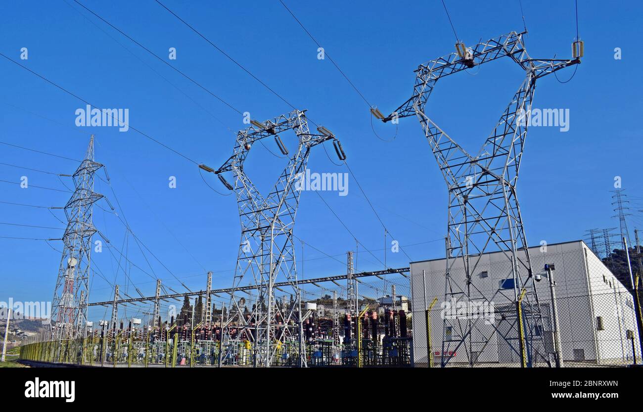 High voltage electricity towers Barcelona Spain Stock Photo Alamy