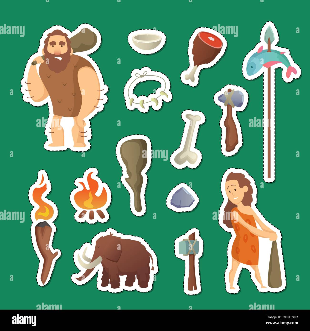 Cave people elements. Vector cartoon cavemen stickers set illustration Stock Vector