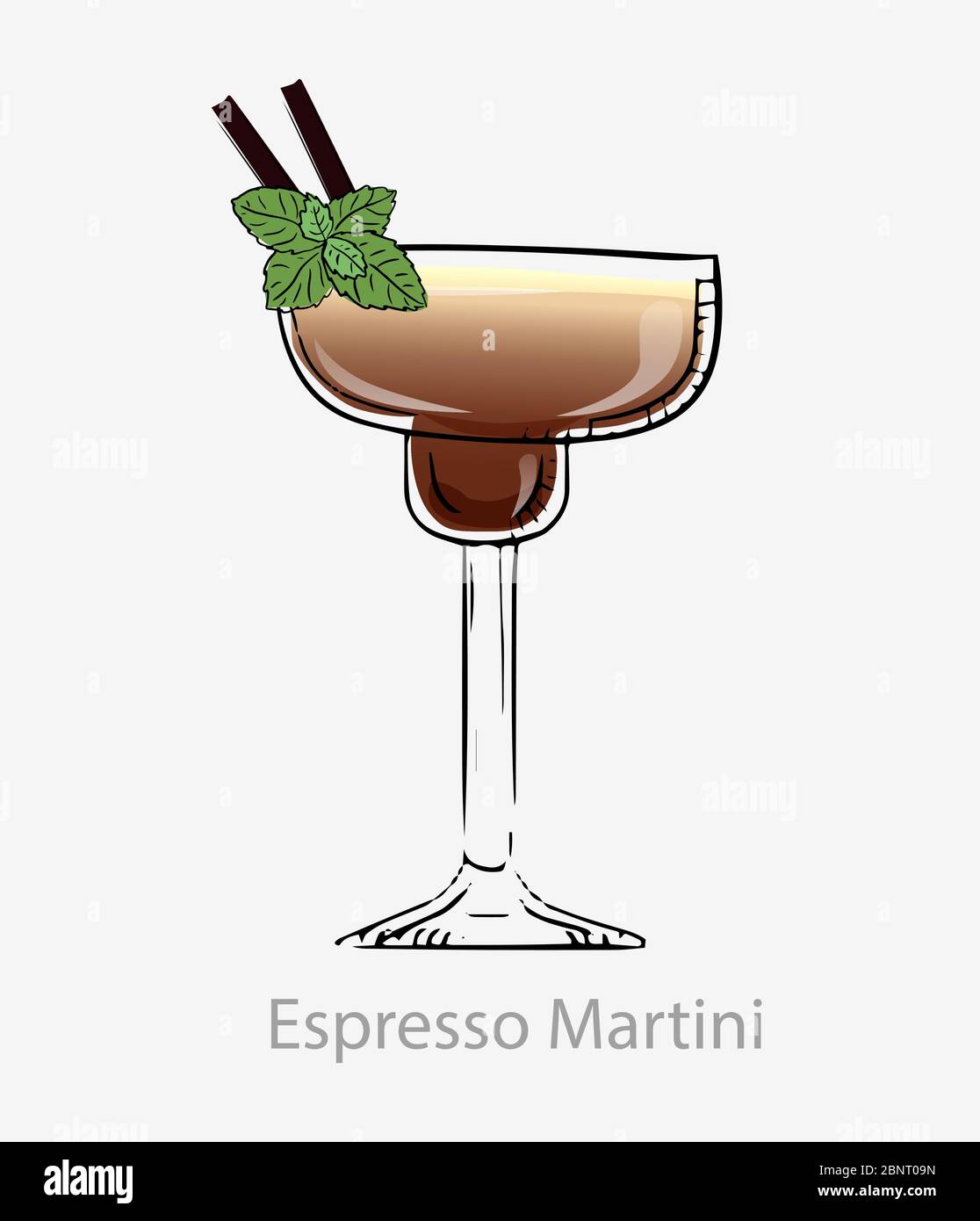 Espresso martini cocktail. Brown cocktail two straws and leaf mint