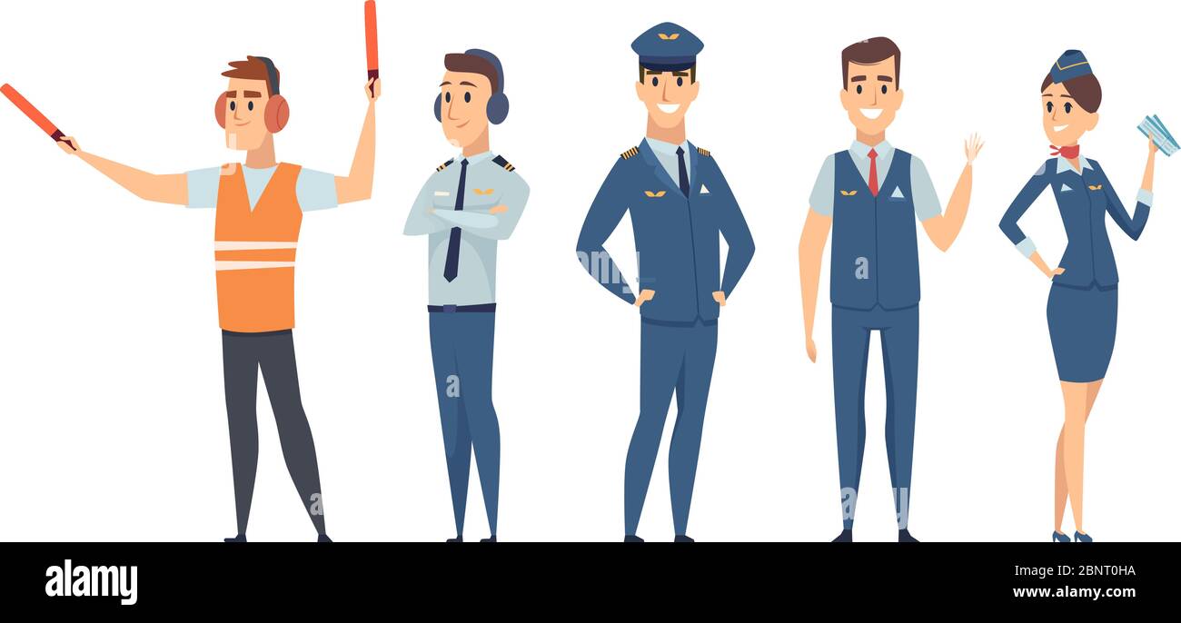 Pilots. Avia company persons crew pilots stewardess airplane command civil aviation vector characters in cartoon style Stock Vector