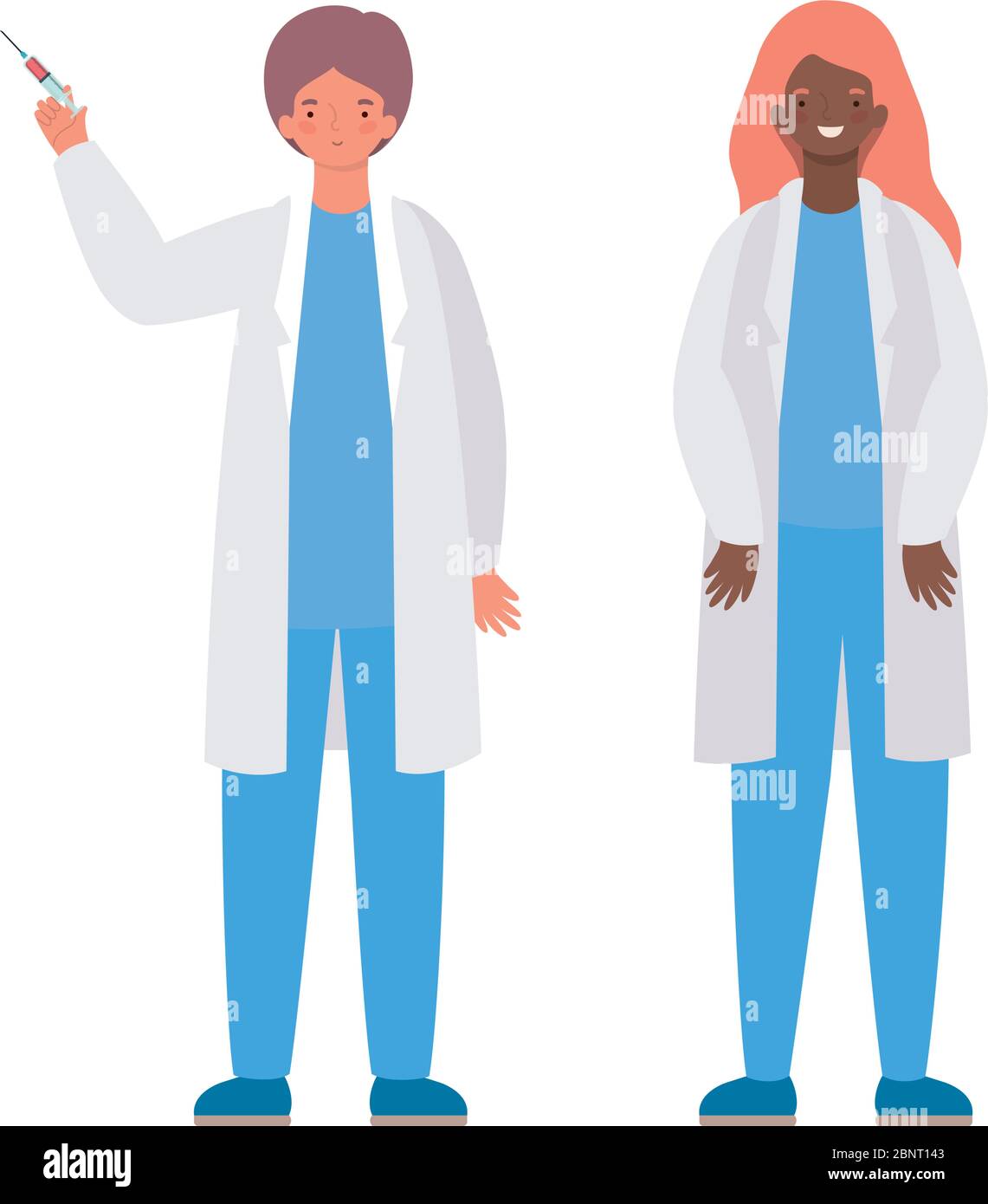 Woman and man doctor with uniform and injection vector design Stock ...