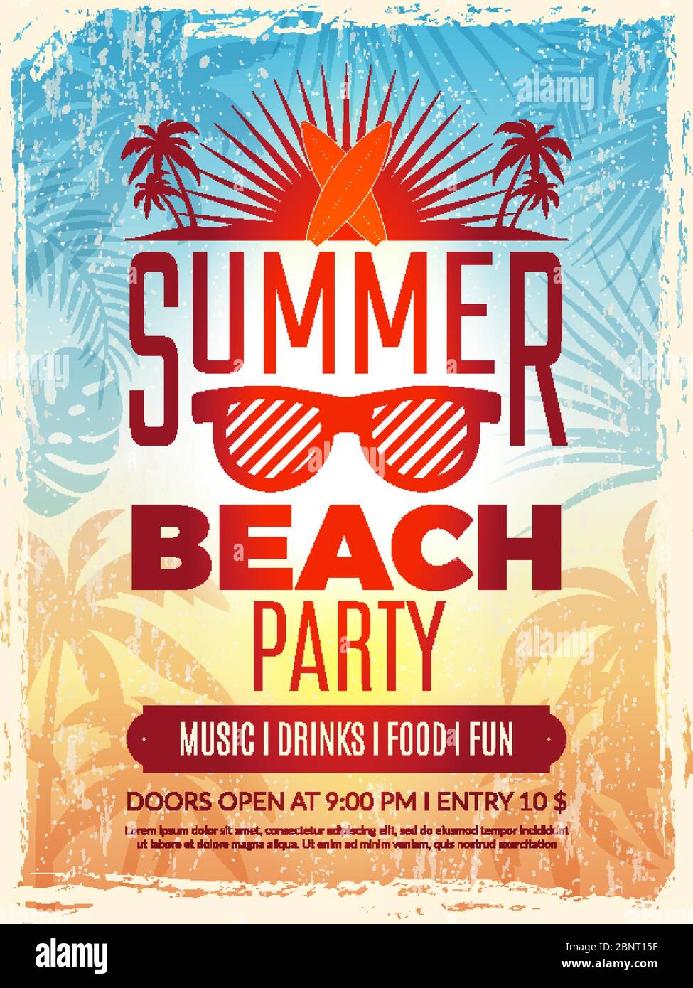 Summer retro poster. Vacation tropical beach summer party invitation retro placard vector template Stock Vector