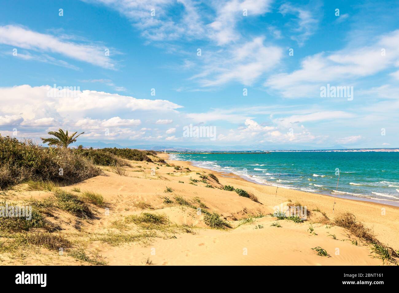 view of sand dunes and beach with green sea and clouded blue sky Stock Photo