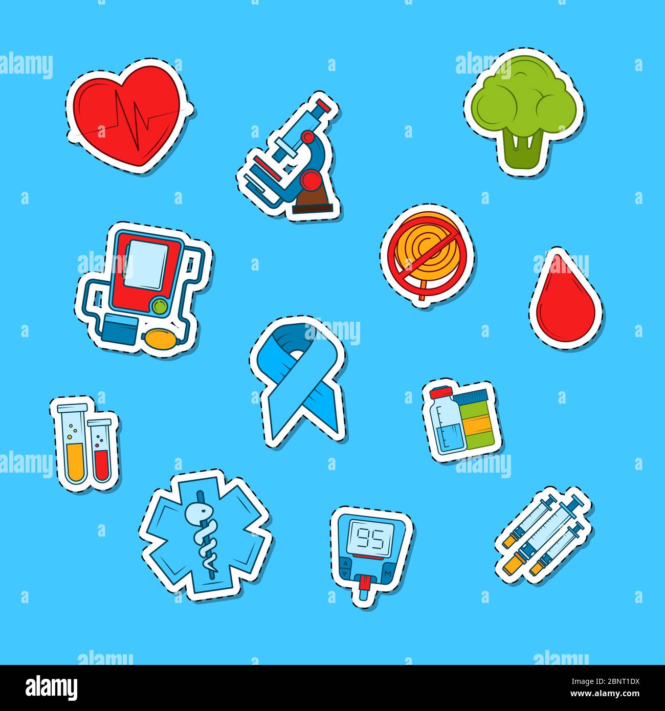 Vector colored diabetes icons stickers set illustration Stock Vector