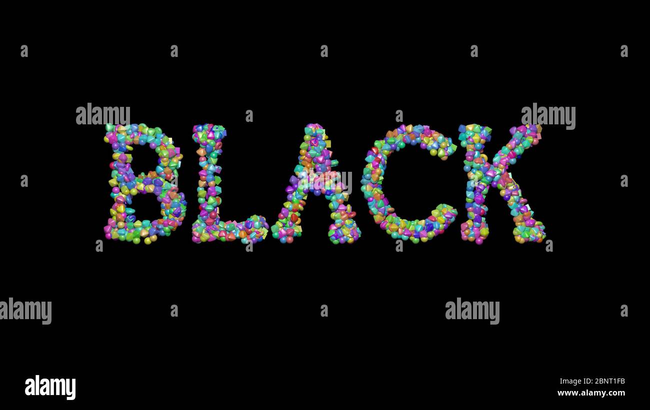 Colorful 3D writting of black text with small objects over a dark ...