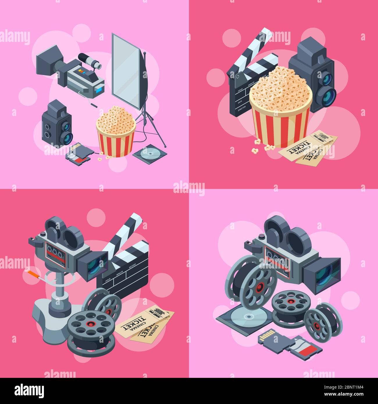 Vector cinematograph isometric elements infographic concept illustration Stock Vector
