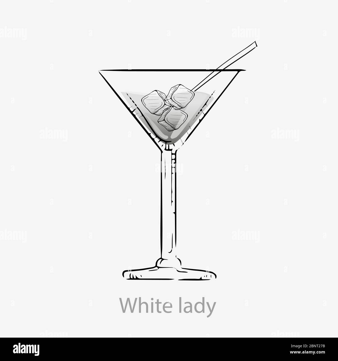 White lady cocktail. White cocktail ice cubes straws long drink alcohol gin. Stock Vector