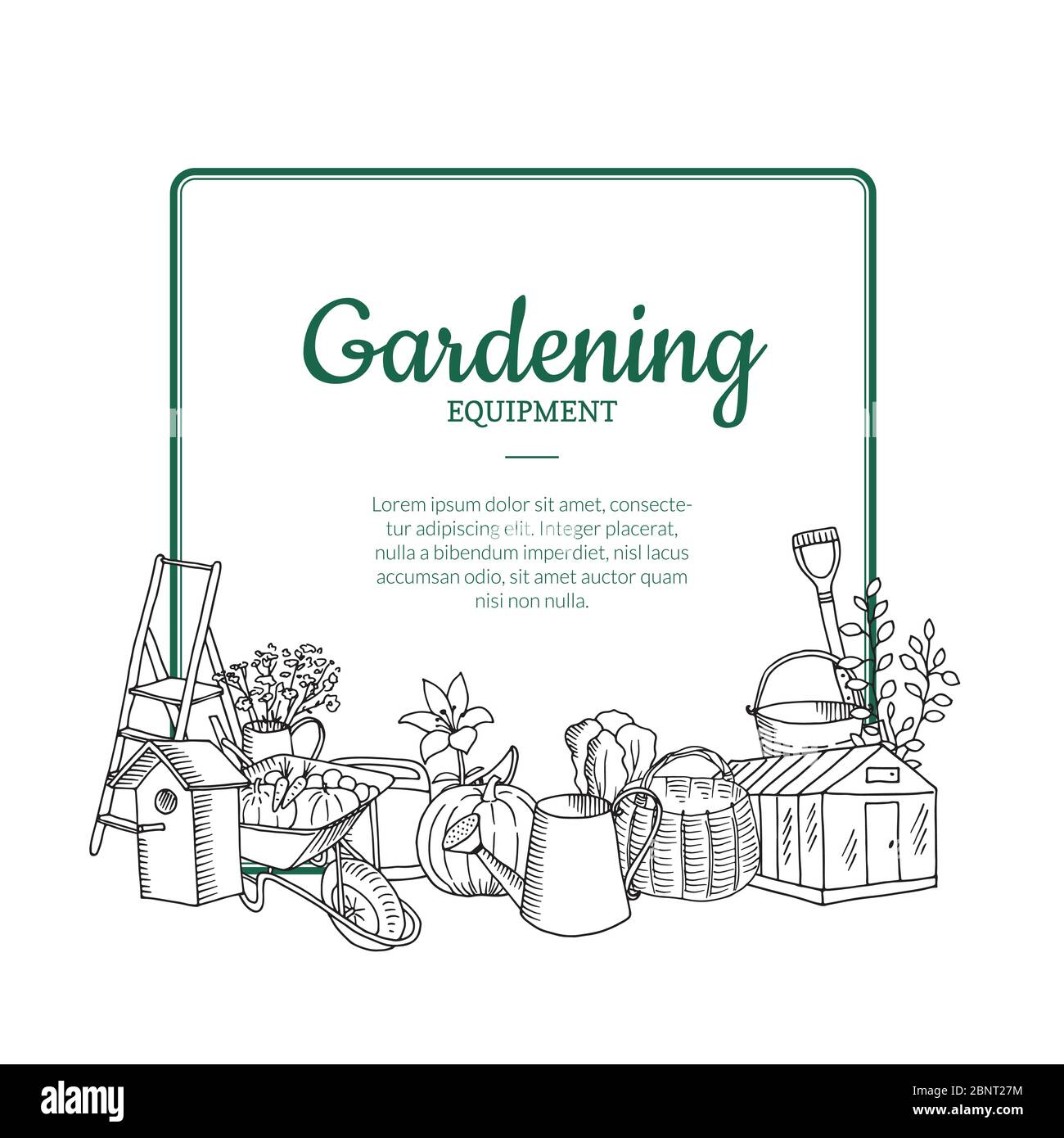Vector gardening doodle icons below frame with place for text ...