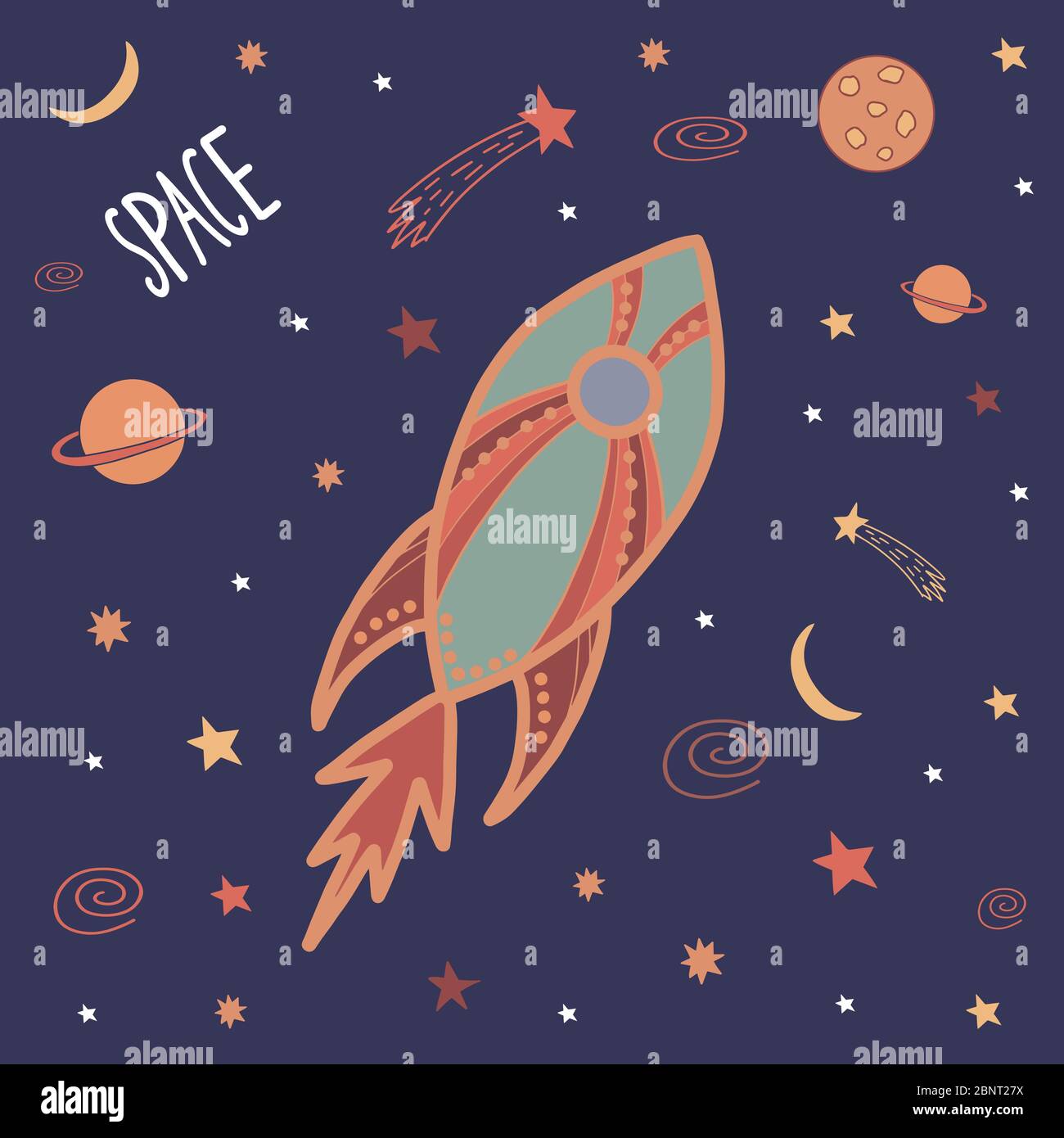 Colorful cute cartoon doodle rocket in outer space. Galaxy pattern for prints on t-shirt, fabric, paper. Vector stock illustration. Stock Vector