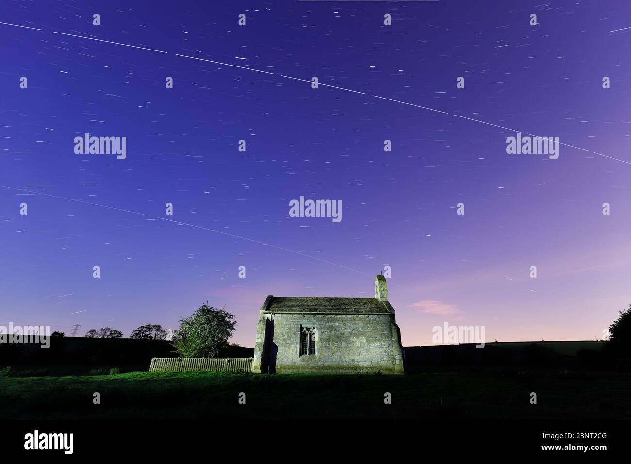 St Mary's Chapel near Tadcaster with 2 passes from the International Space Station Stock Photo